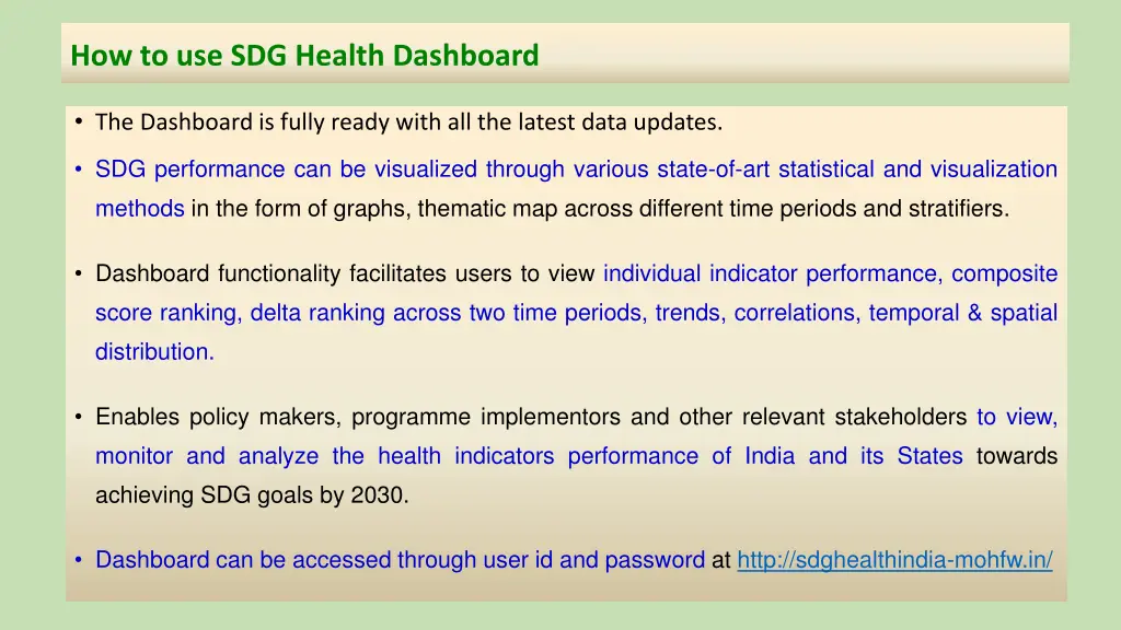 how to use sdg health dashboard