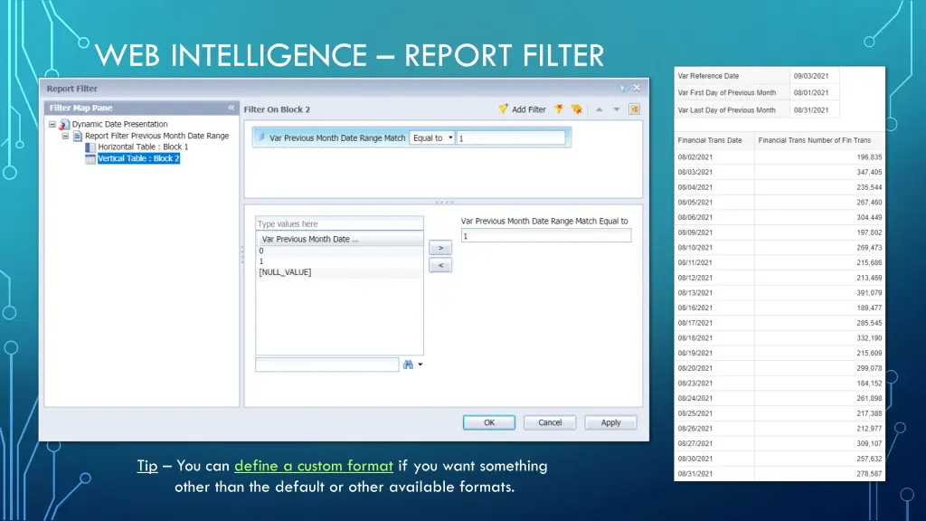 web intelligence report filter