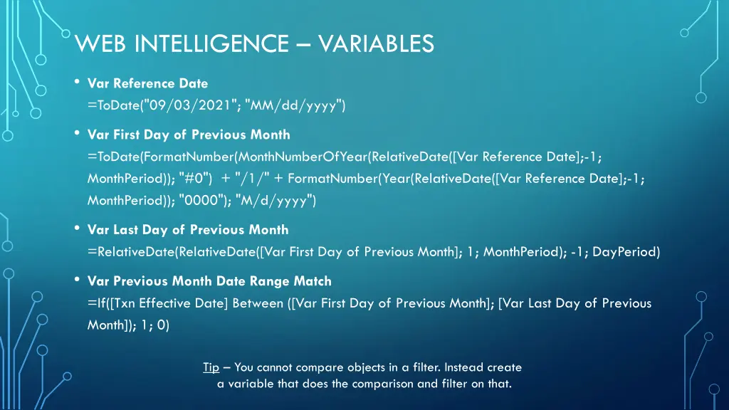 web intelligence variables