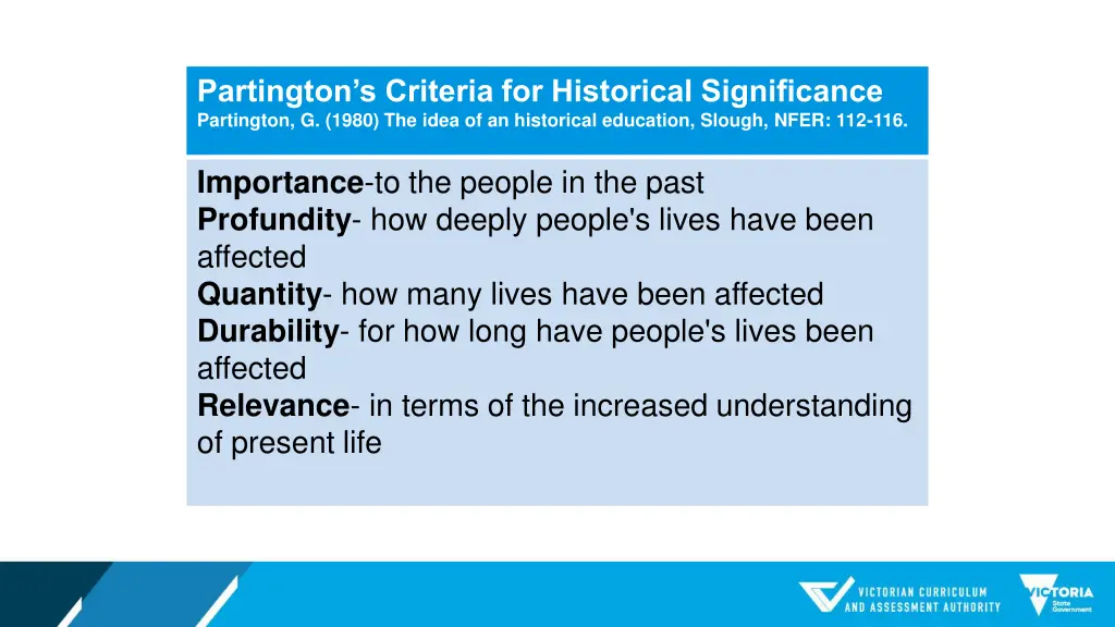 partington s criteria for historical significance