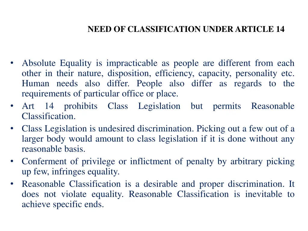 need of classification under article 14