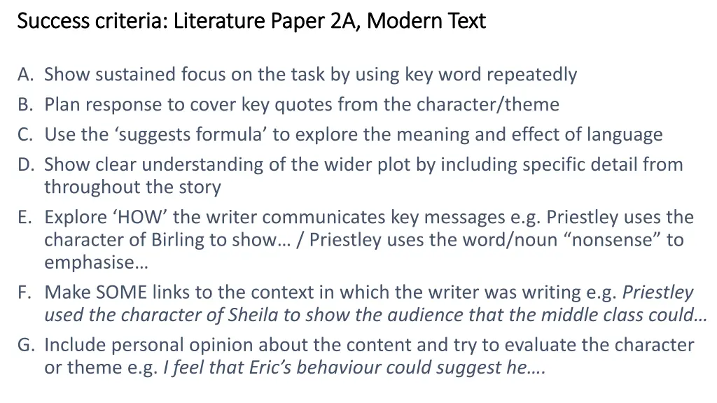 success criteria literature paper 2a modern text