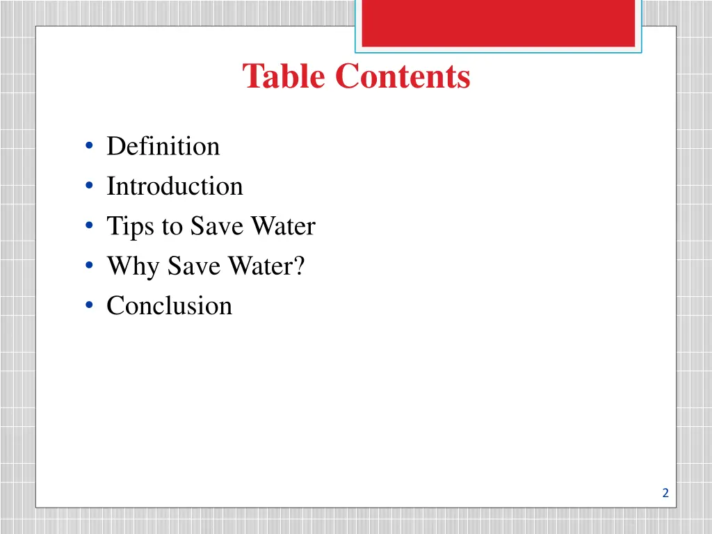 table contents