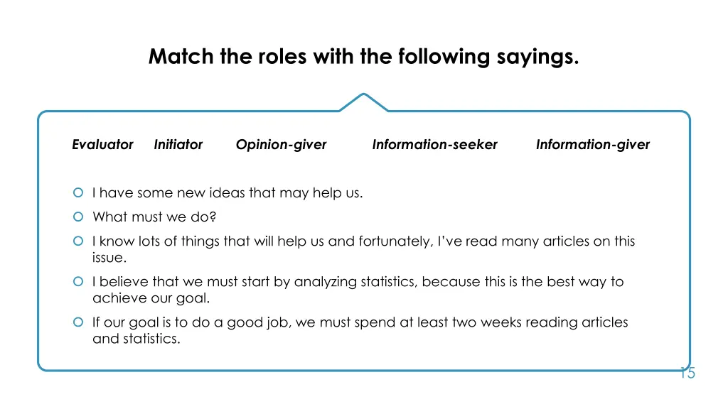 match the roles with the following sayings