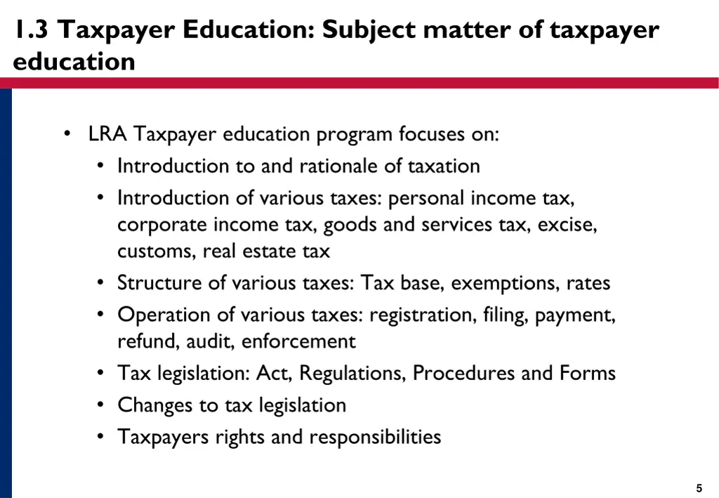 1 3 taxpayer education subject matter of taxpayer