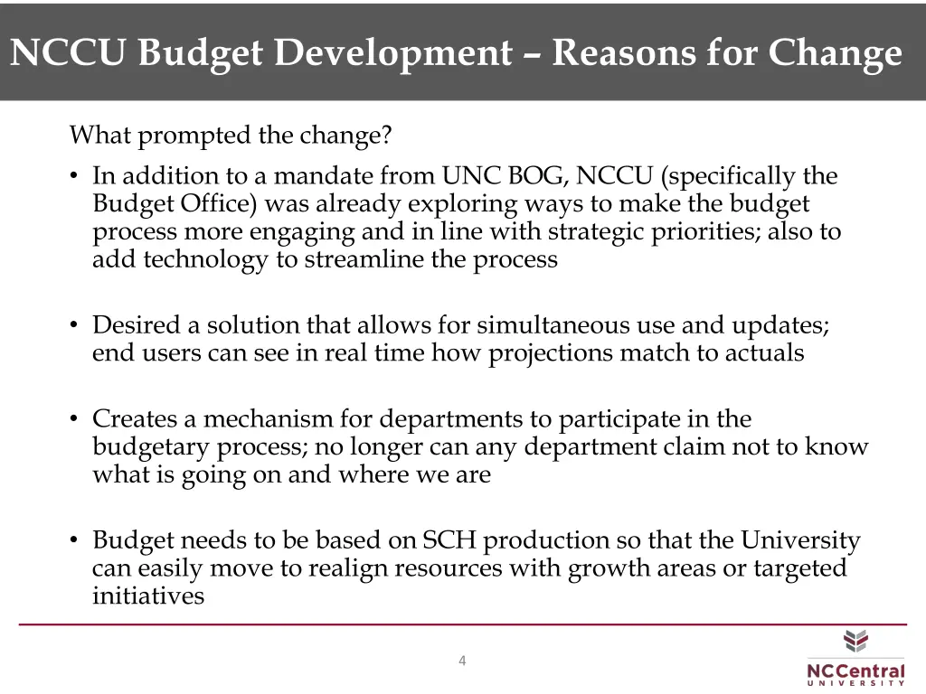 nccu budget development reasons for change