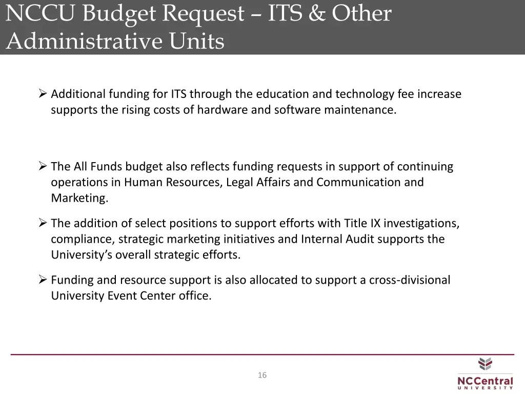 nccu budget request its other administrative units