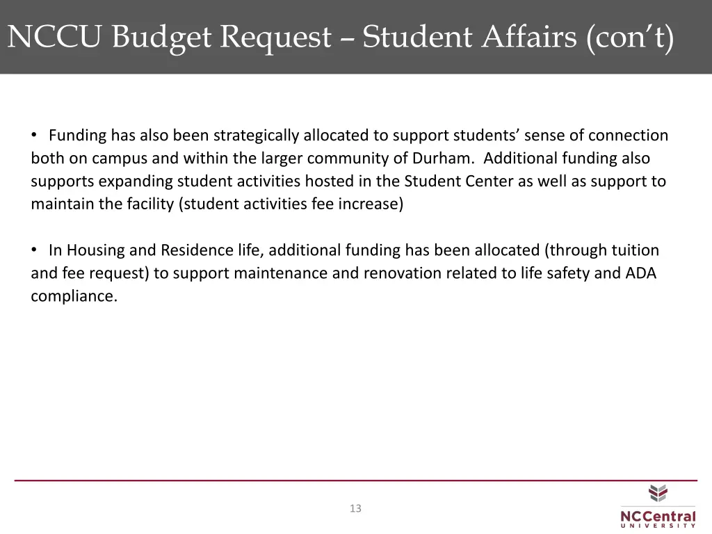 nccu budget request student affairs con t