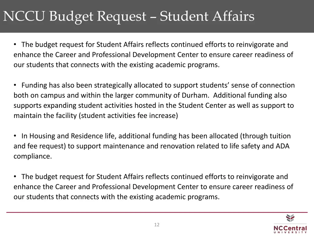 nccu budget request student affairs