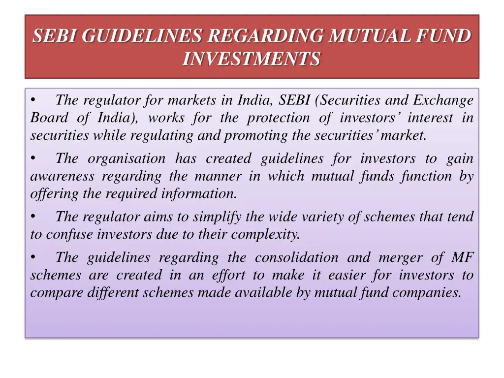 sebi guidelines regarding mutual fund investments