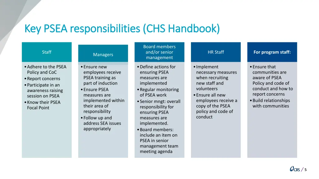 key psea responsibilities chs handbook key psea