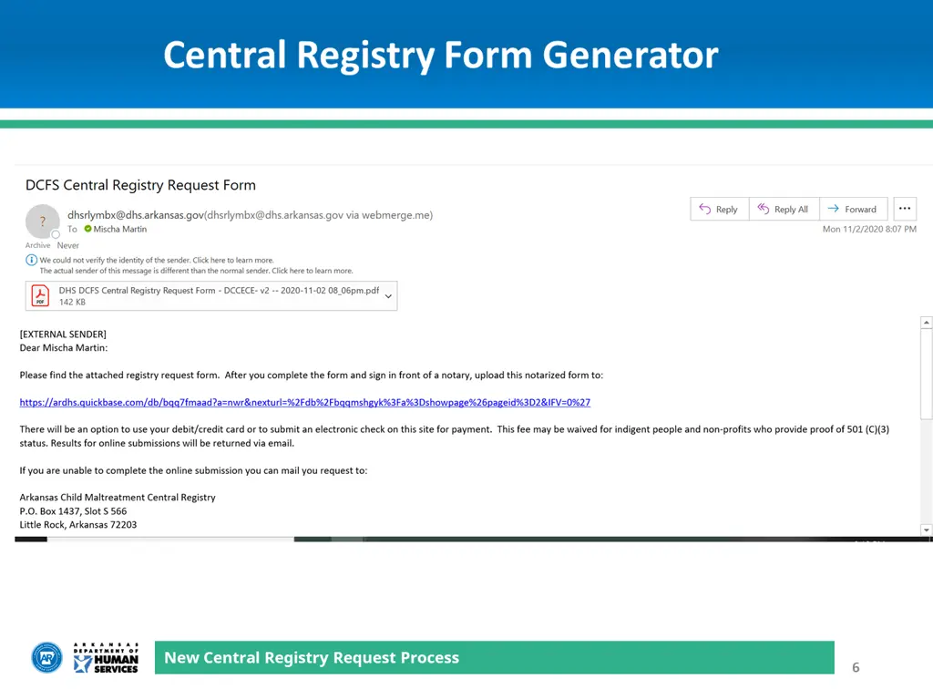 new central registry request process