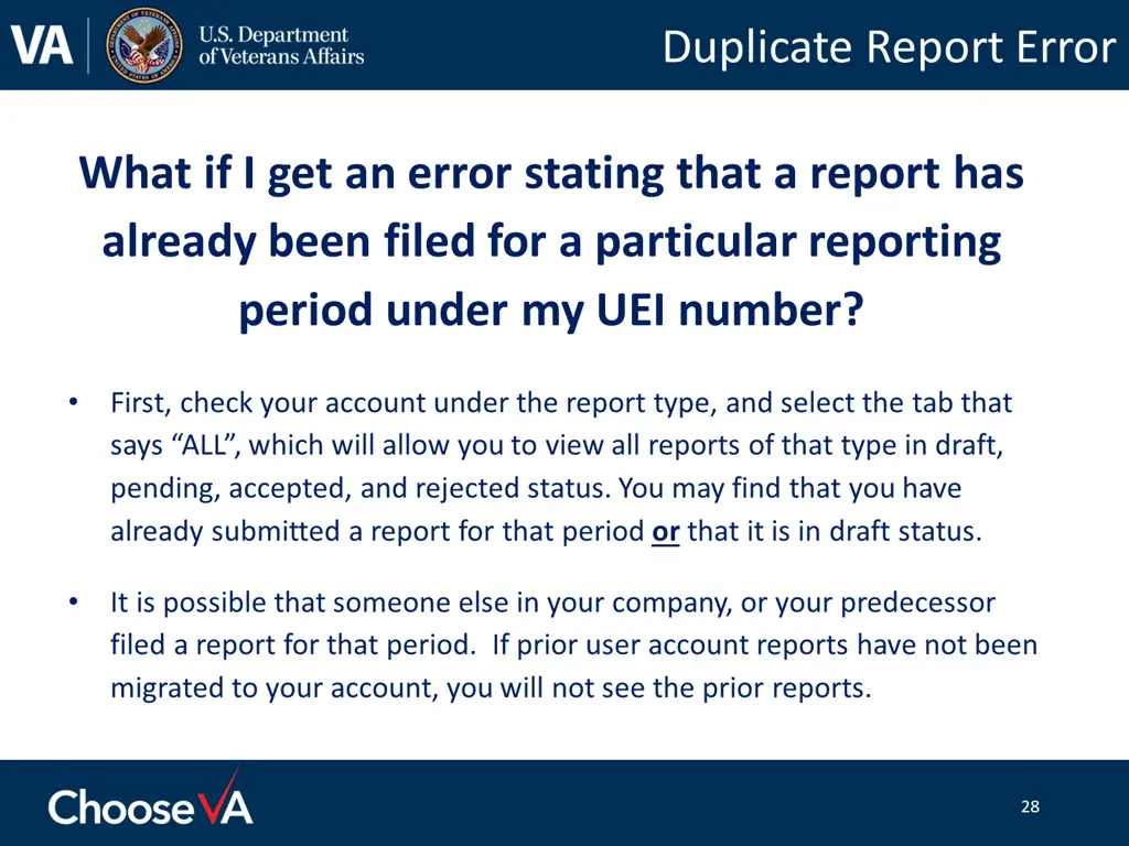 duplicate report error