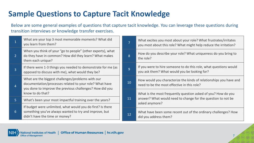 sample questions to capture tacit knowledge