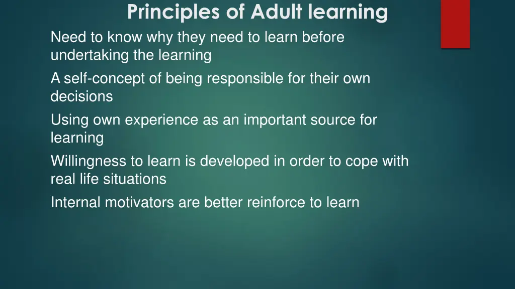 principles of adult learning need to know