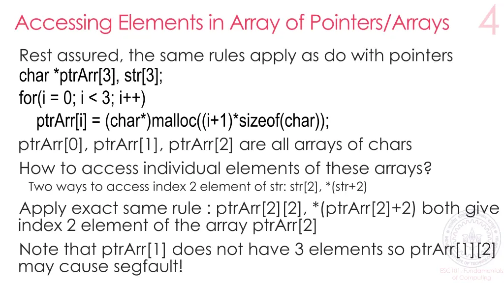 accessing elements in array of pointers arrays