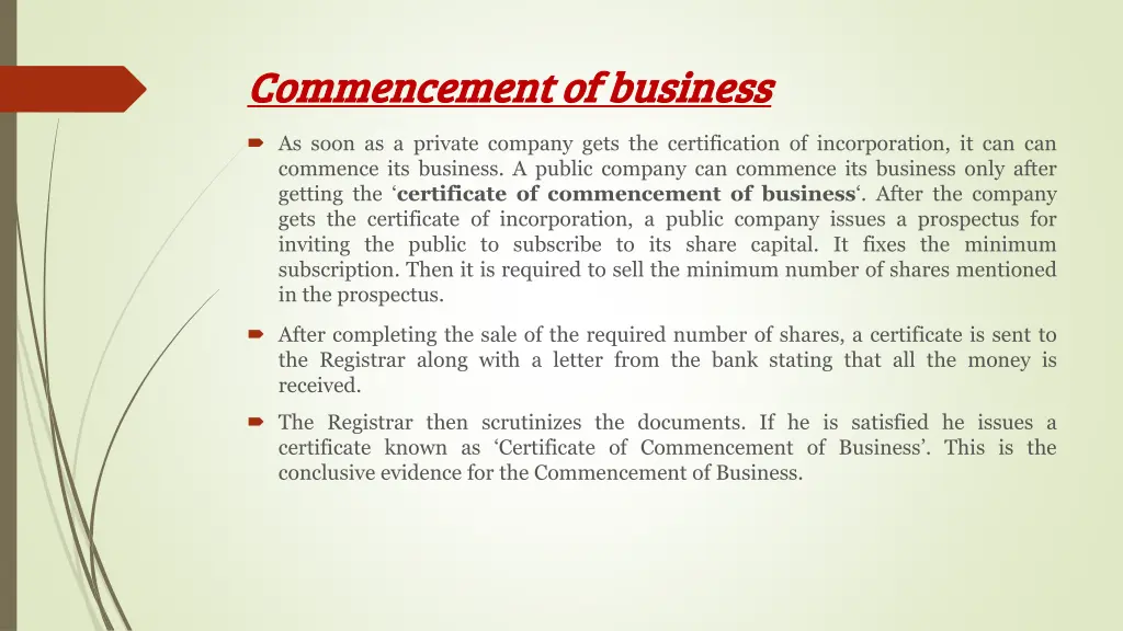 commencement of business commencement of business