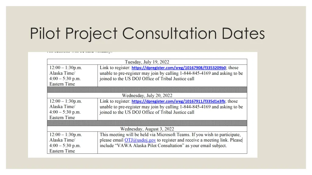 pilot project consultation dates