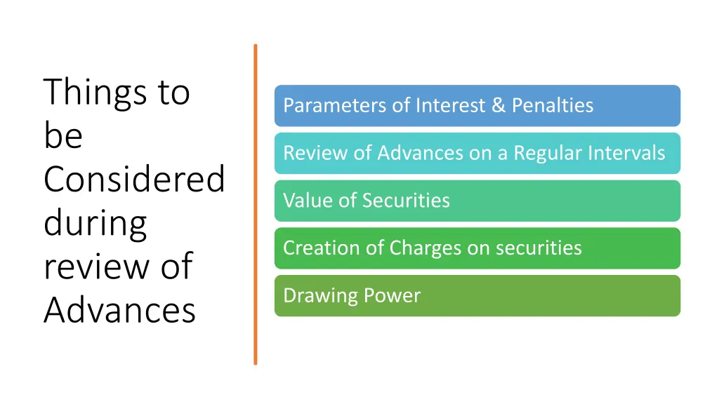 things to be considered during review of advances