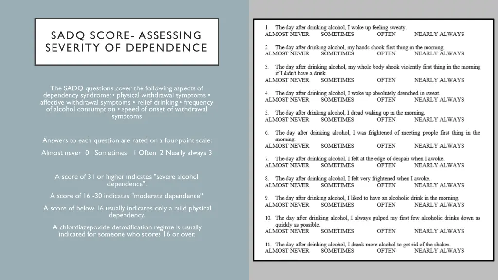 sadq score assessing severity of dependence