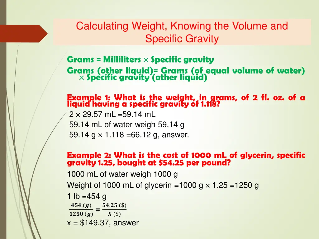 calculating weight knowing the volume