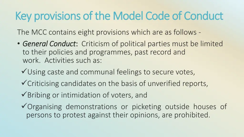 key provisions of the model code of conduct