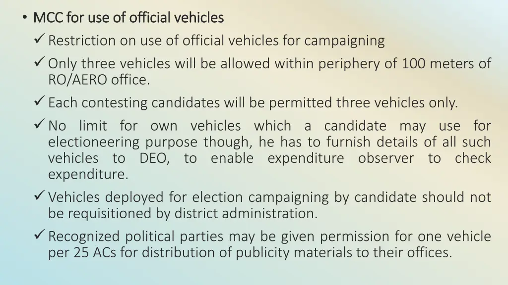 mcc for use of official vehicles