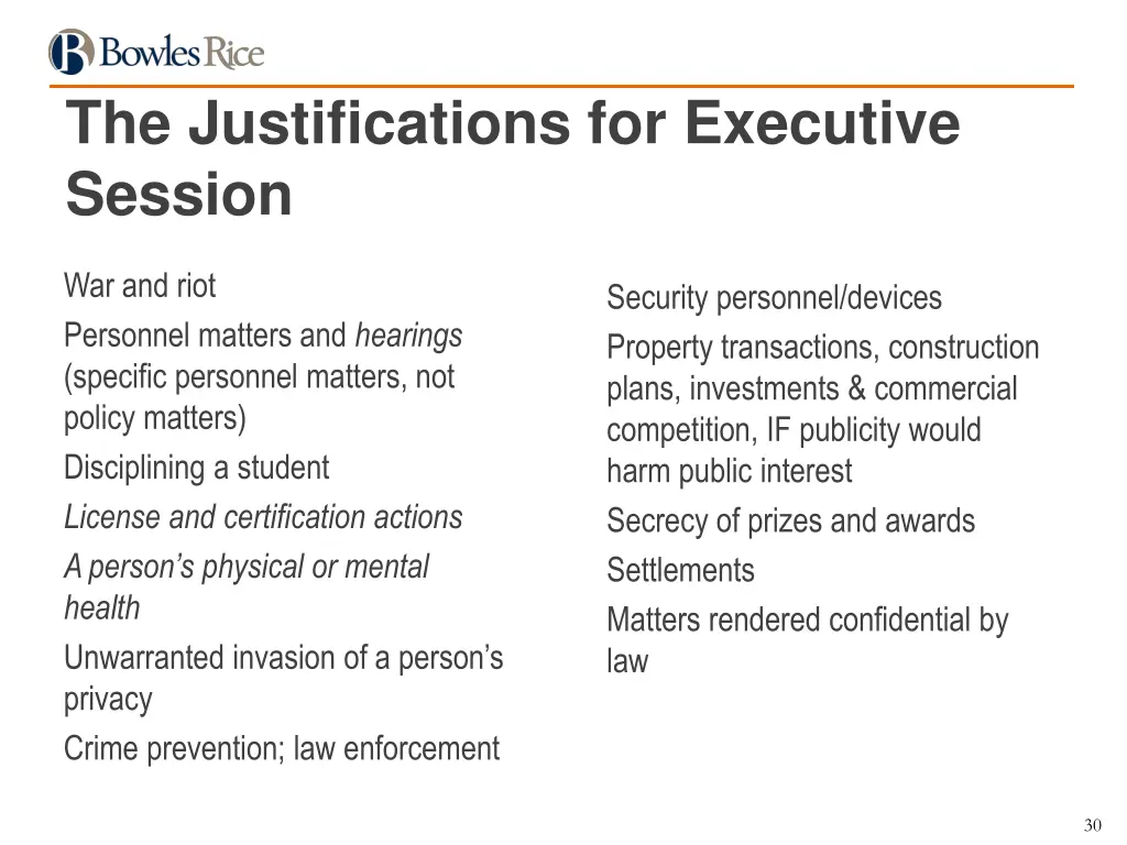 the justifications for executive session