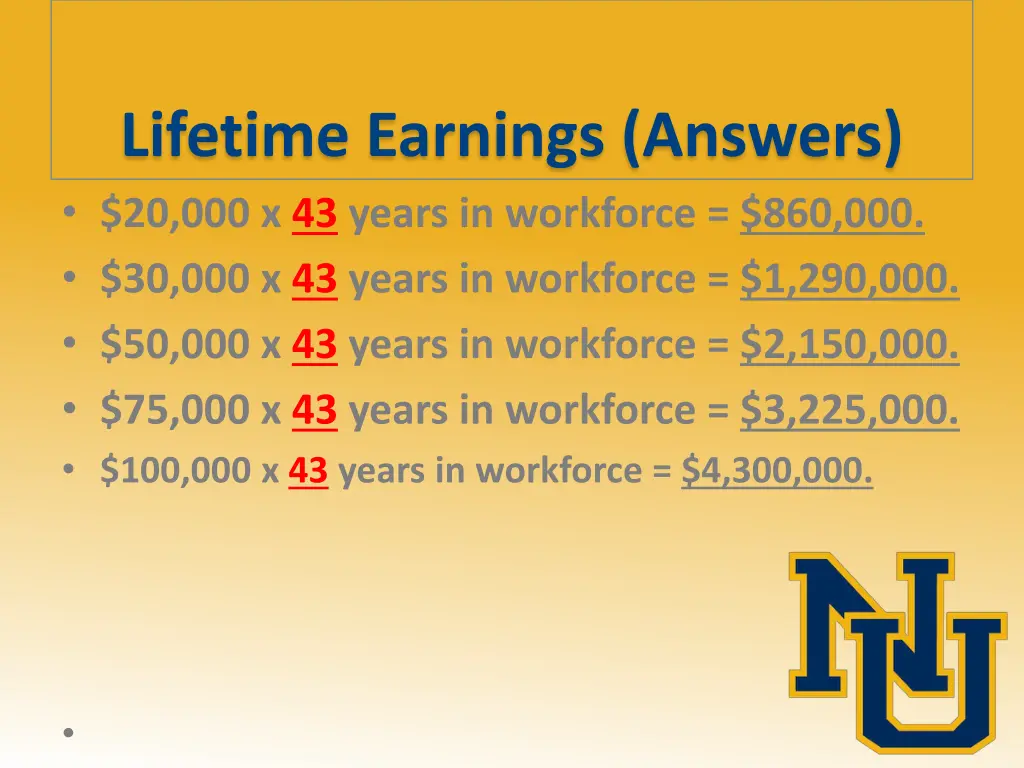 lifetime earnings answers 20 000 x 43 years