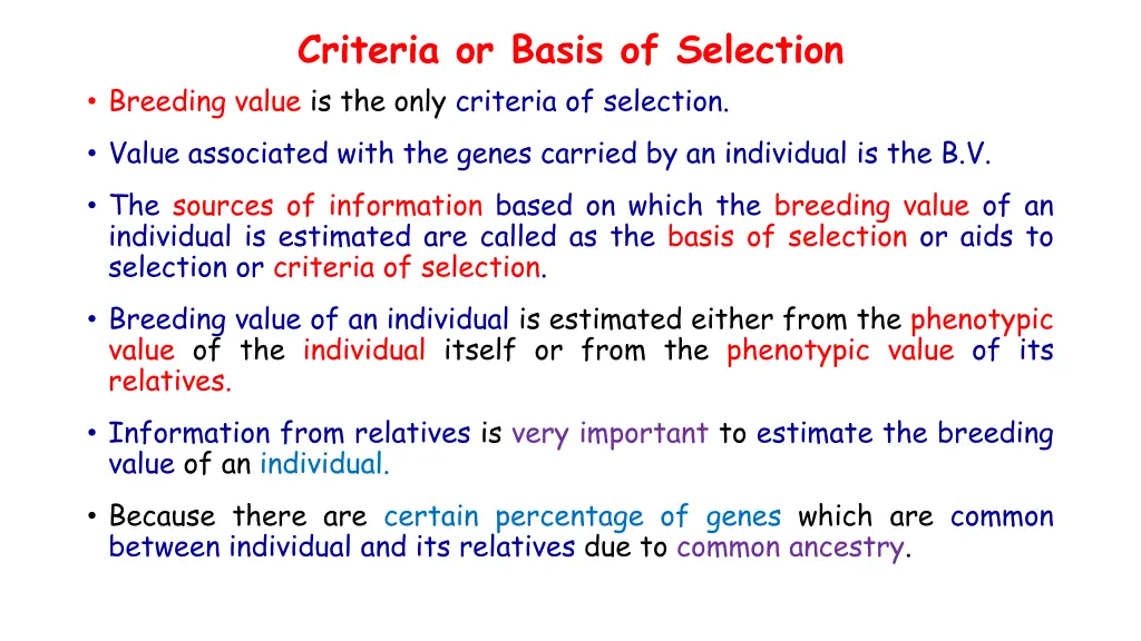 criteria or basis of selection breeding value