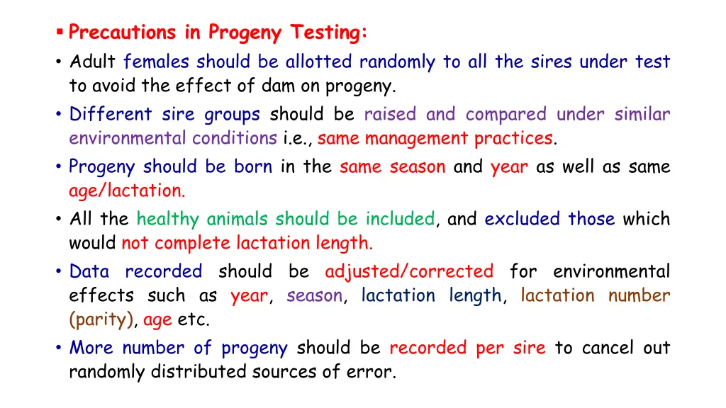 precautions in progeny testing adult females