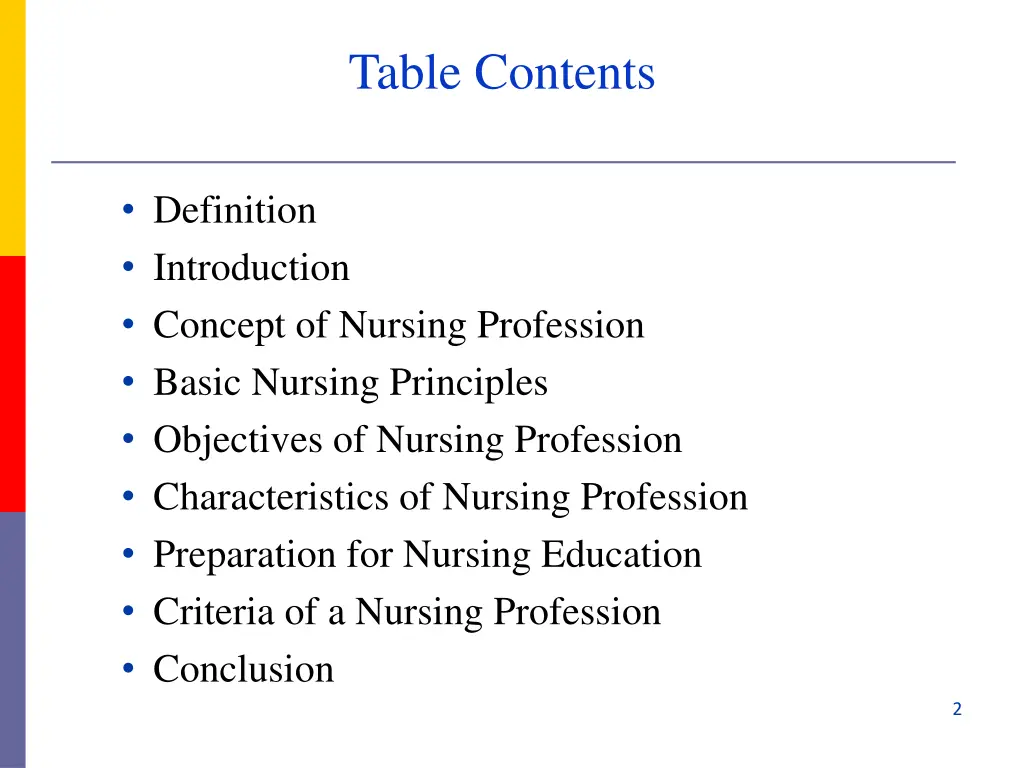 table contents