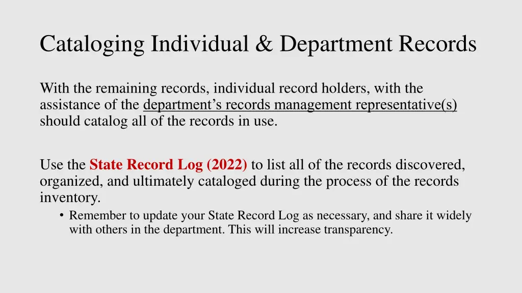 cataloging individual department records