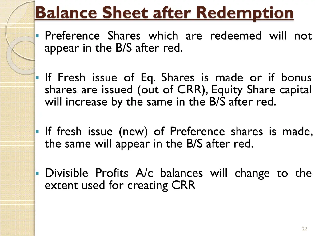 balance sheet after redemption