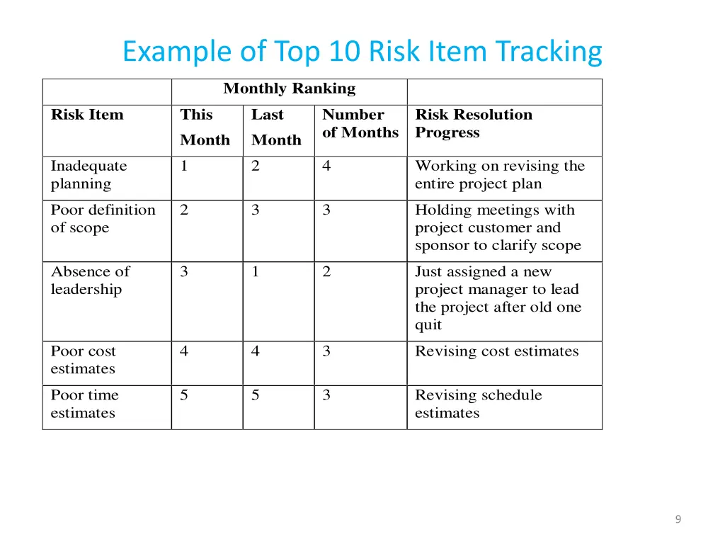 example of top 10 risk item tracking