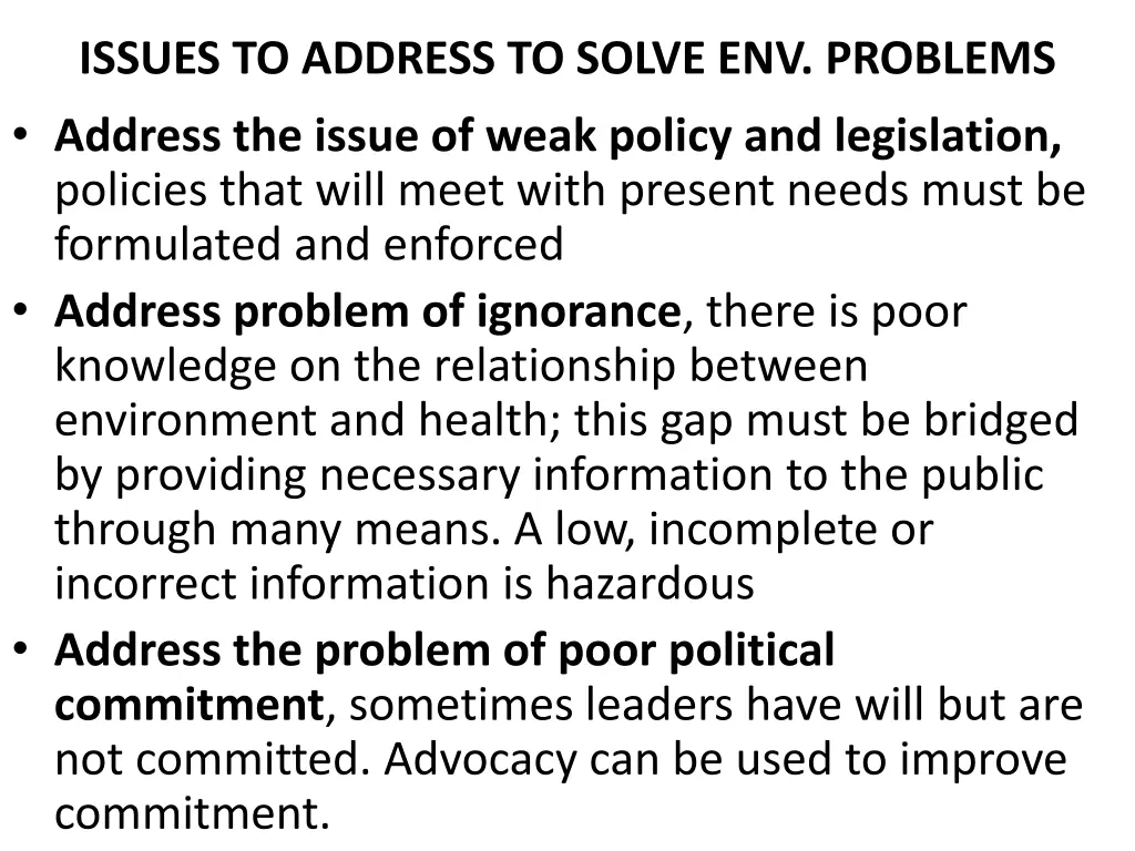 issues to address to solve env problems address