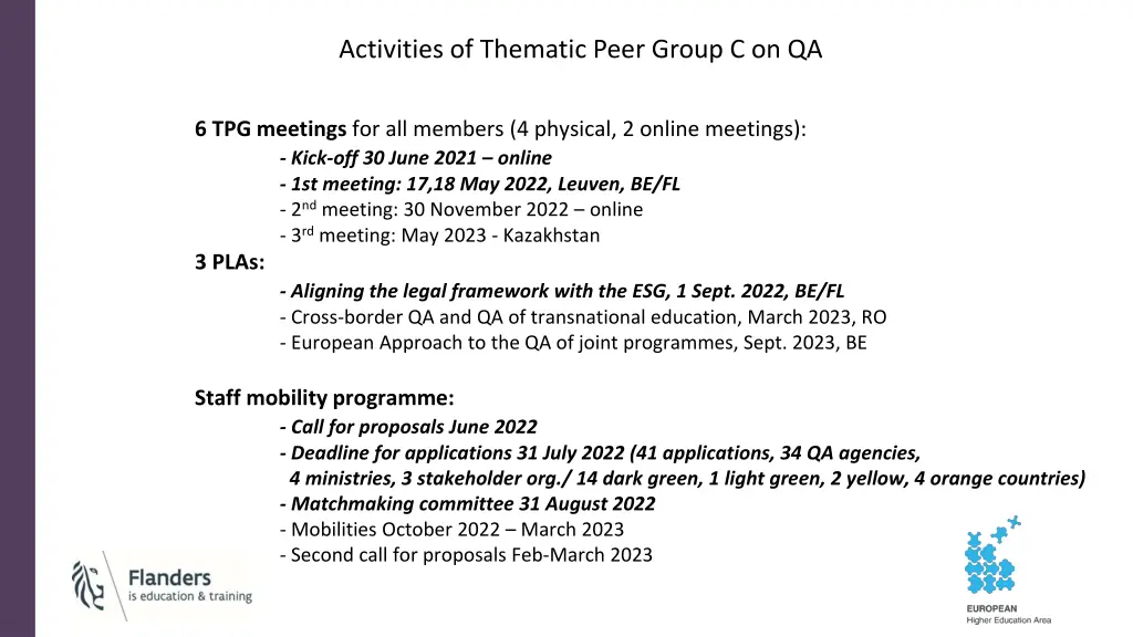 activities of thematic peer group c on qa