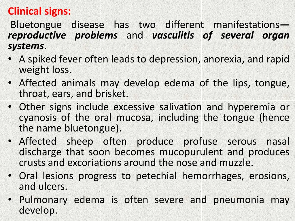 clinical signs bluetongue disease