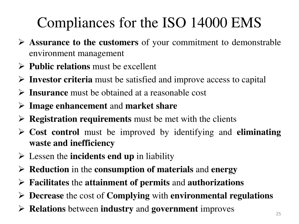 compliances for the iso 14000 ems