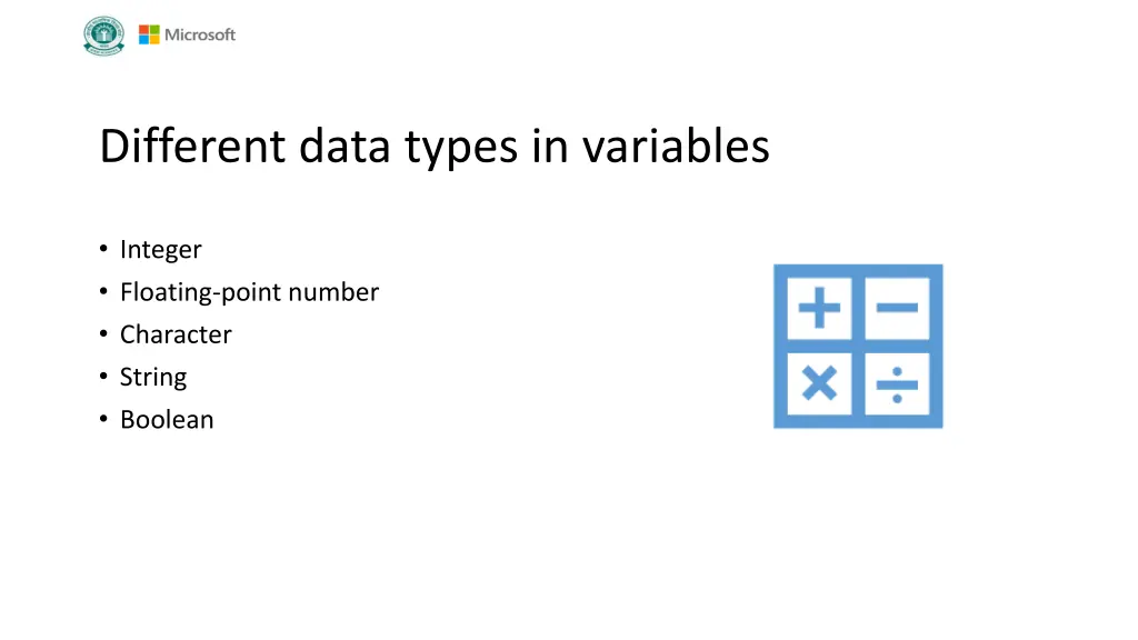 different data types in variables