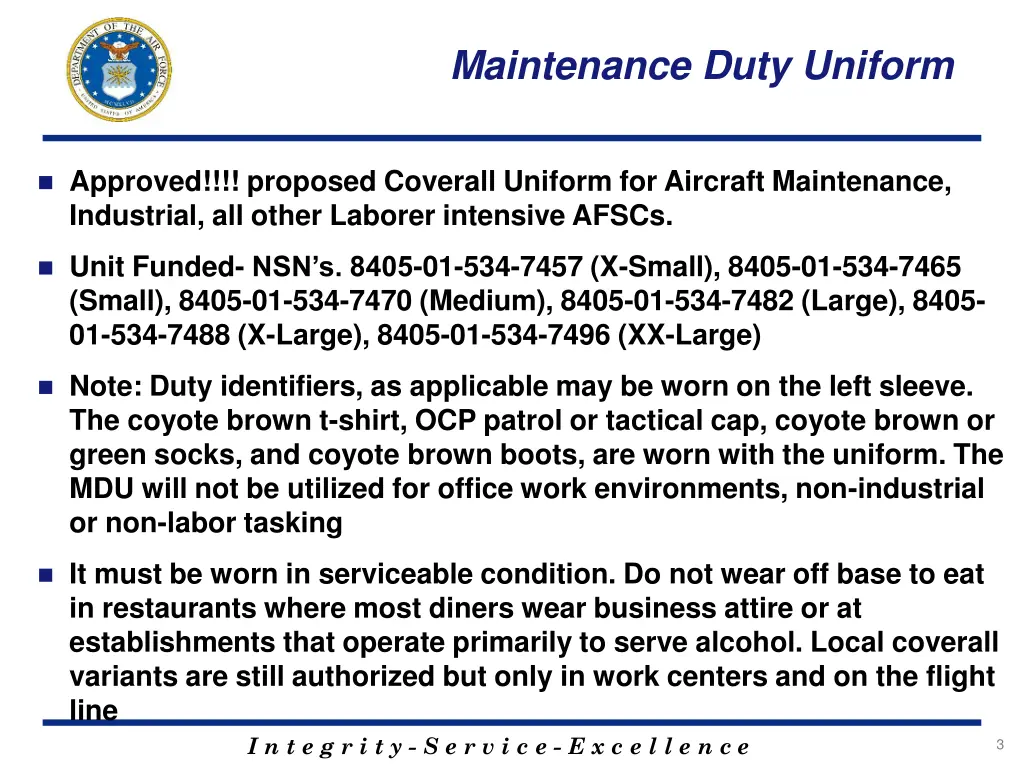 maintenance duty uniform