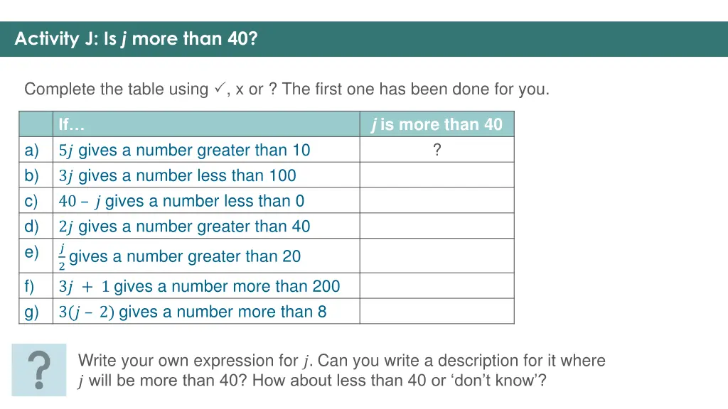 activity j is j more than 40