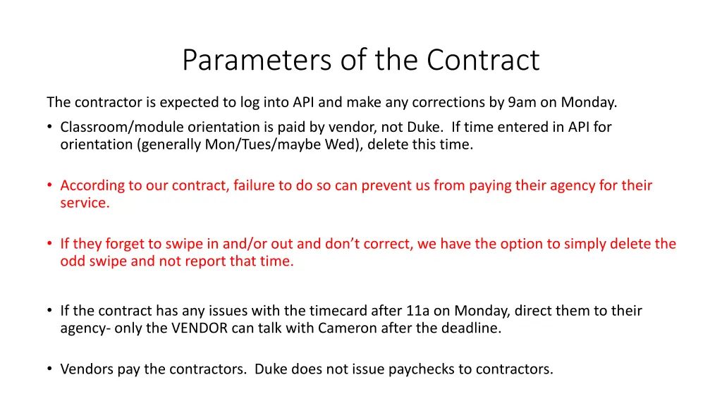 parameters of the contract