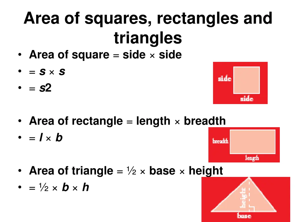 area of squares rectangles and triangles area