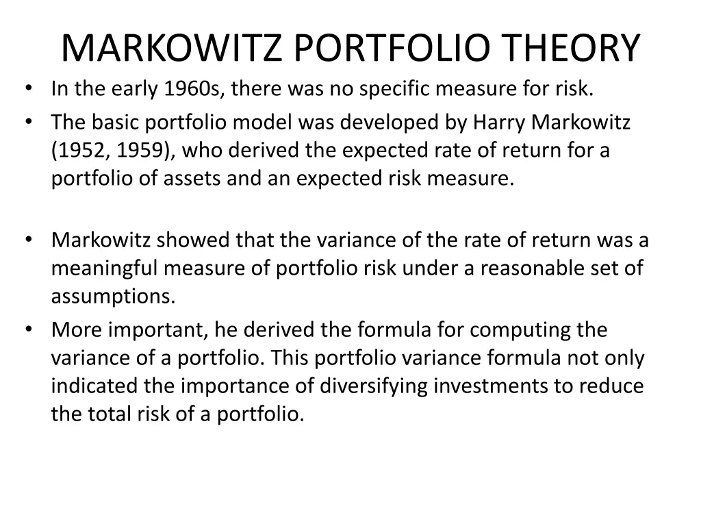 markowitz portfolio theory in the early 1960s