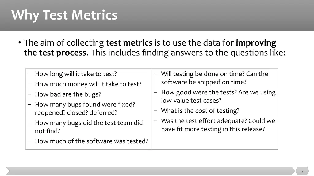 why test metrics