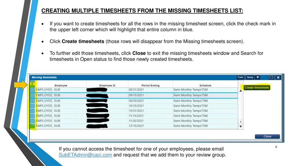 creating multiple timesheets from the missing