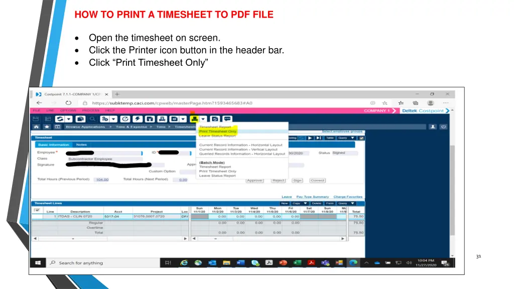 how to print a timesheet to pdf file