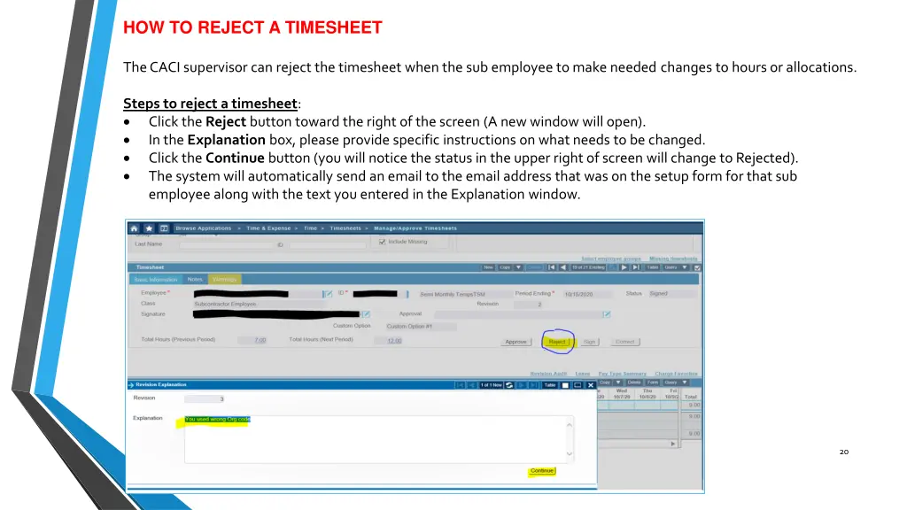 how to reject a timesheet