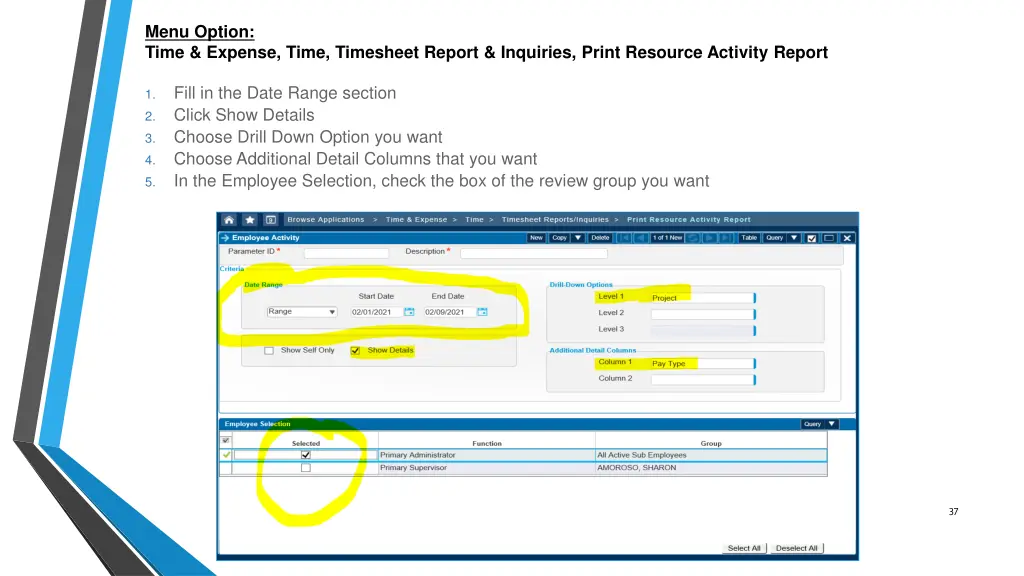 menu option time expense time timesheet report